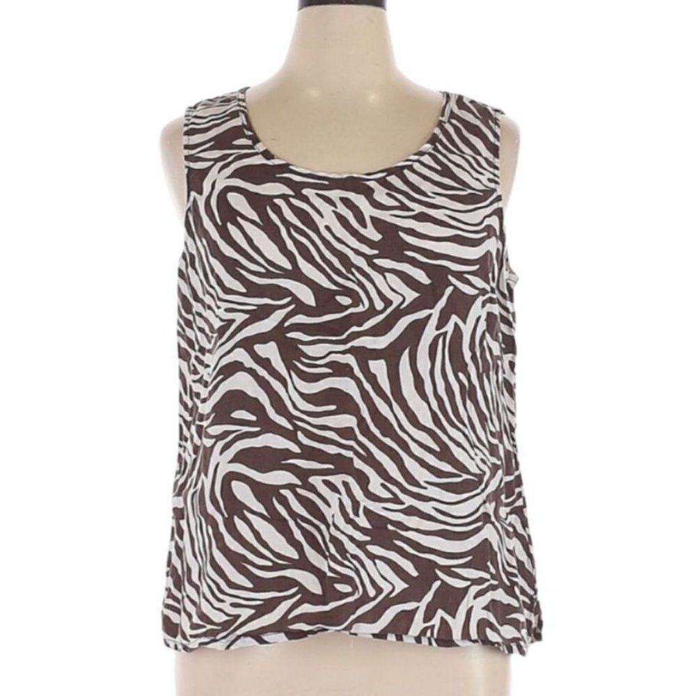 Chico's 100% Linen Zebra Striped Tank‎ Top Sz XL Brown White Animal Print Resort